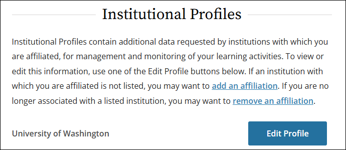 The institutional profiles section of the user account in CITI. Beneath the text describing what the profiles are is a line for UW with an Edit Profile button.