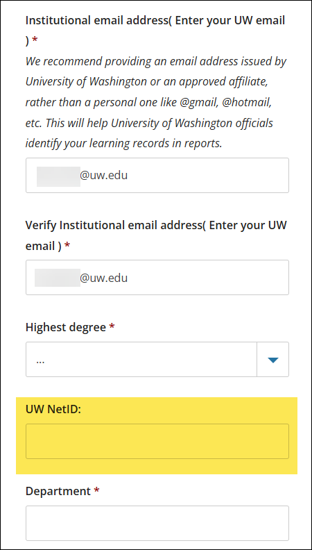 The section of the UW Institutional Profile with fields for user information. The UW NetID field is highlighted.