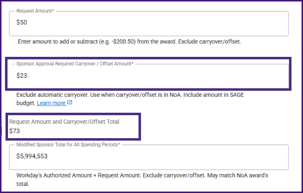 Screenshot from SAGE Mods showing the new "Sponsor Approval Required Carryover / Offset Amount" and the "Request Amount and Carryover/Offset Total" fields with example dollar amounts.