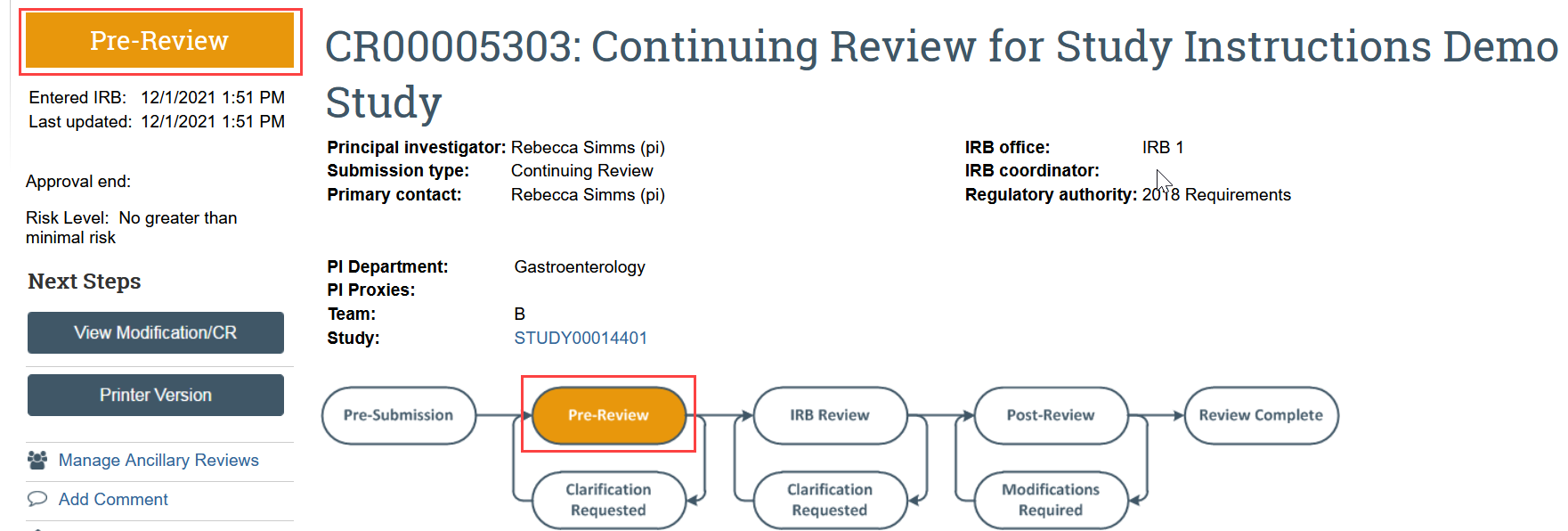 screenshot of a continuing review in Pre-Review state