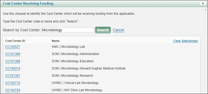 Cost Center Chooser with "Microbiology" searched