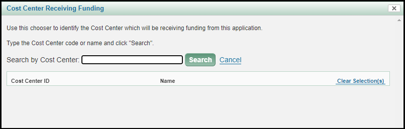 Cost Center Receiving Funding Chooser window