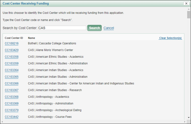 Cost Center Chooser search results