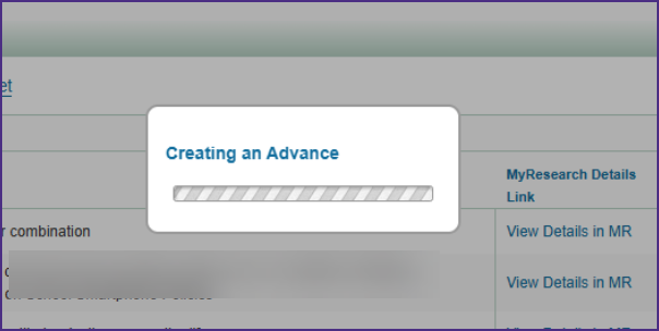 Screenshot from SAGE showing the "Creating an Advance" pop-up box with a progress bar below it.