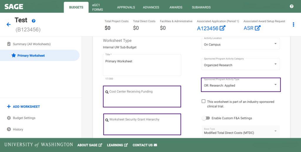 Enter Cost Center Receiving Funding, SPA type, and Worksheet Security Grant Hierachy on all worksheets