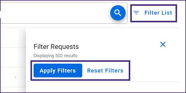 SAGE screenshot showing the Filter List panel and highlighting the Apply Filters and Reset Filters buttons.