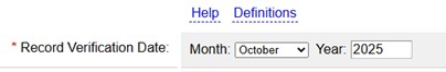 Picture of PRS system screen to update Record Verification date. Fields are Month and Year of Record Verification date.
