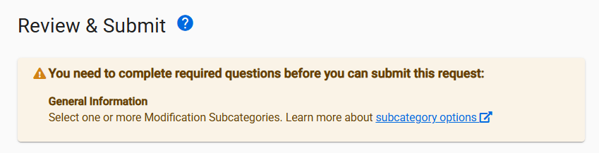 Screenshot showing message that reminds users to select at least one subcategory.