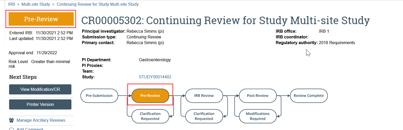 screenshot of the continuing review workspace in Pre-Review