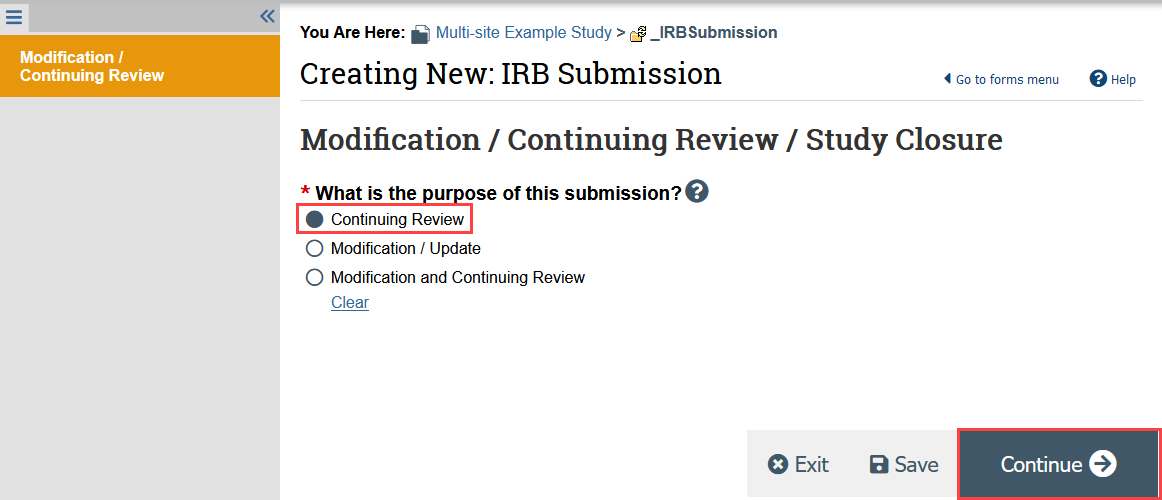screenshot of the submission purpose showing continuing review selected