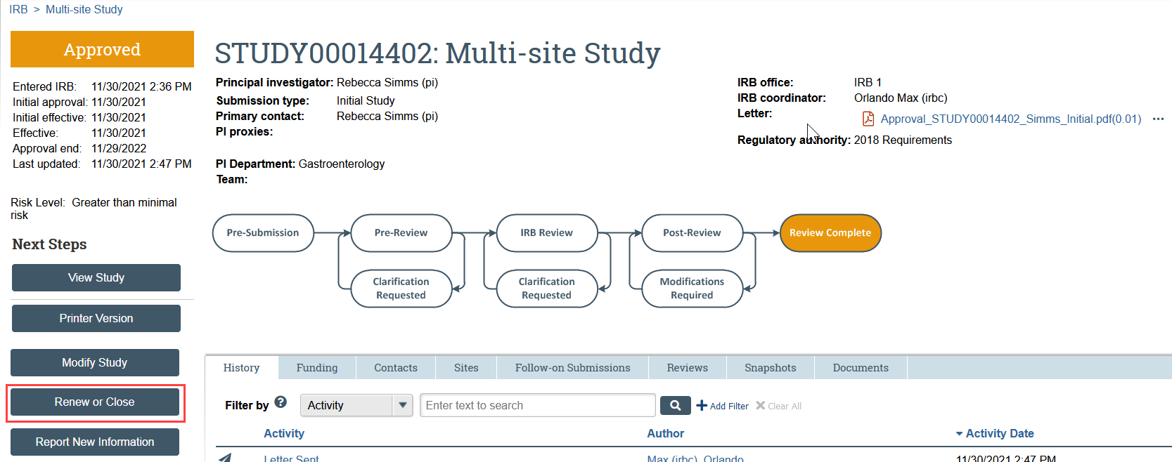 screenshot of the renew or close button in the study workspace