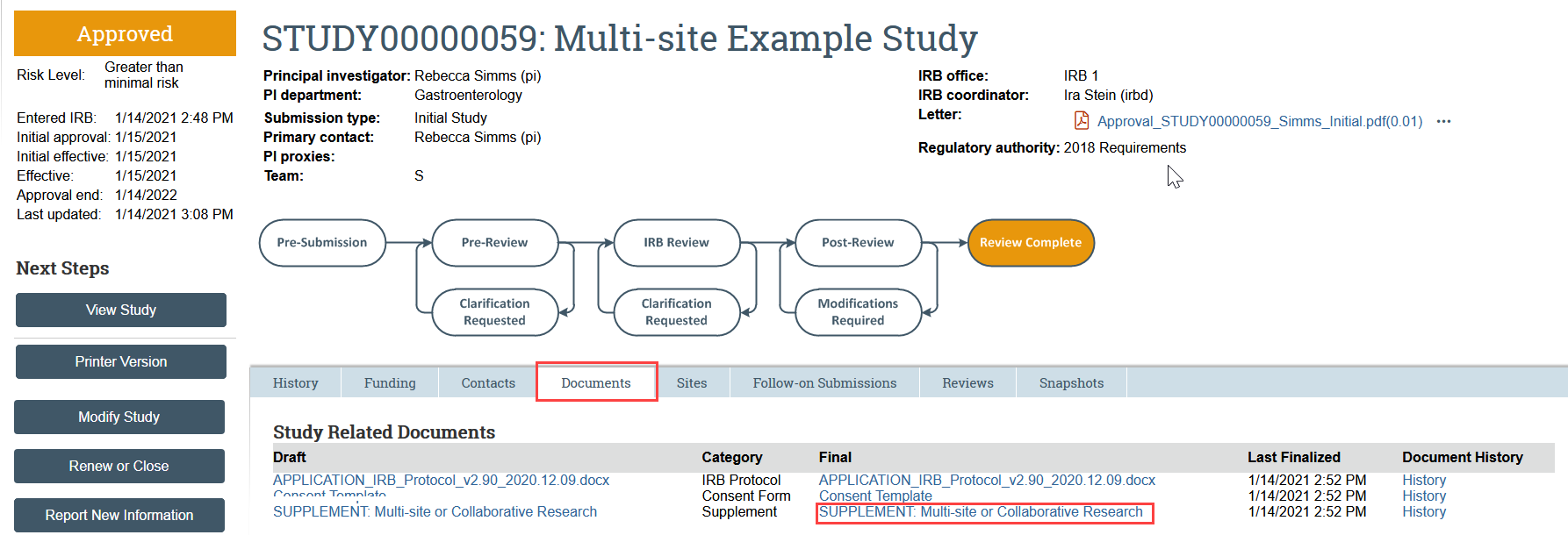 screenshot of the study workspace showing the multi-site supplement in the documents tab