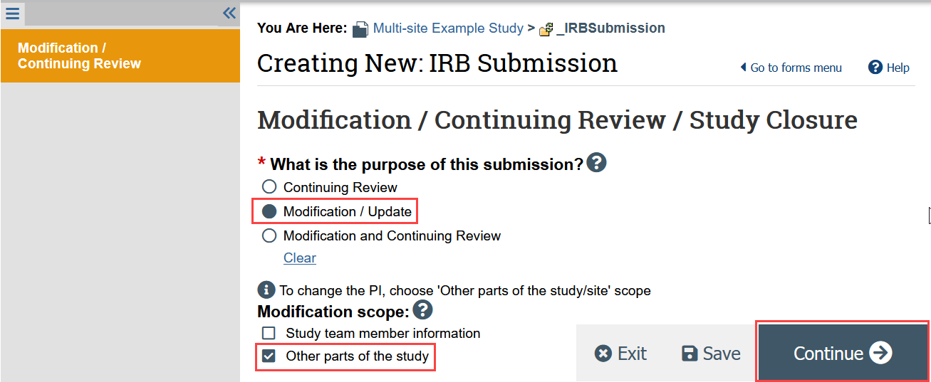 screenshot of the modification scope