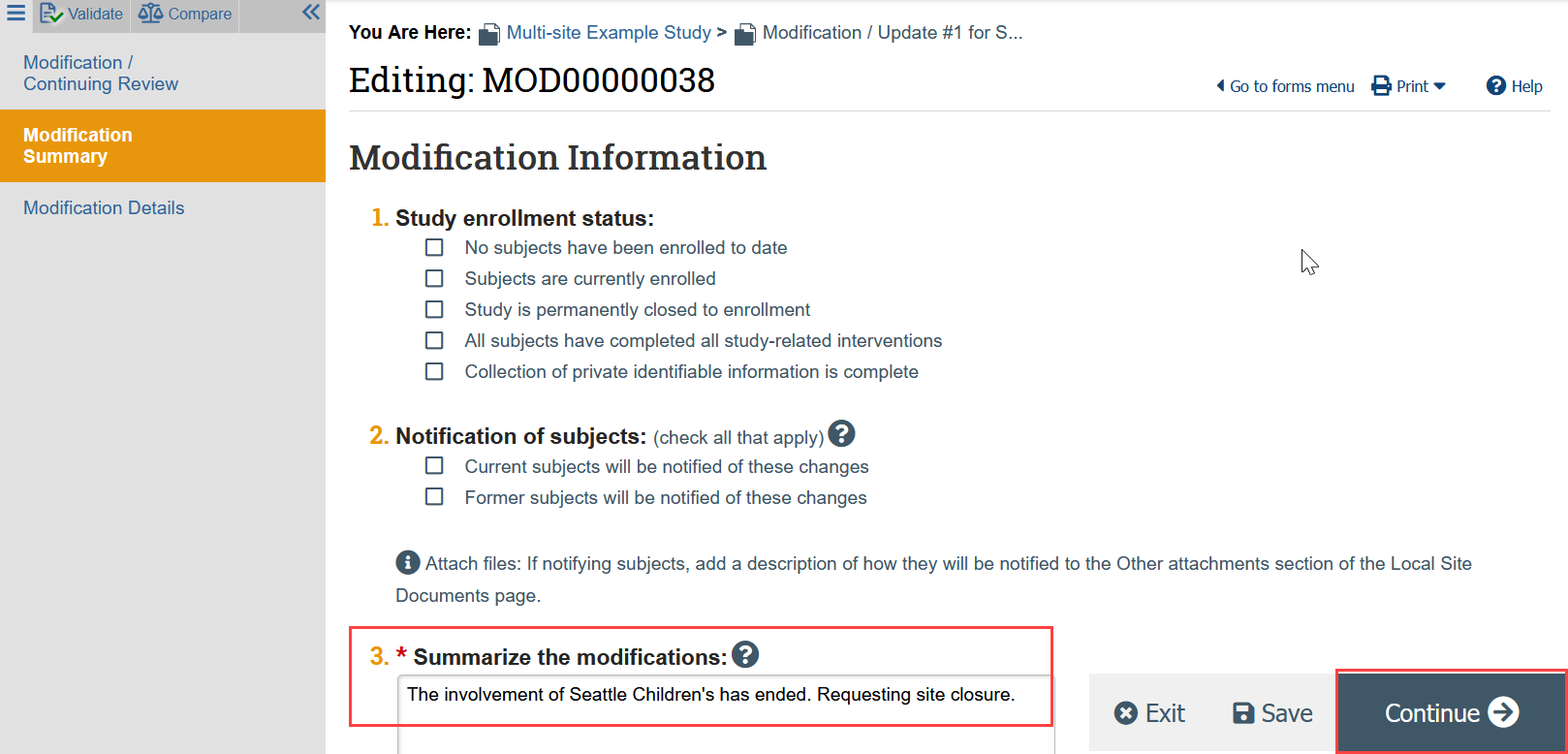 screenshot of the modification summary