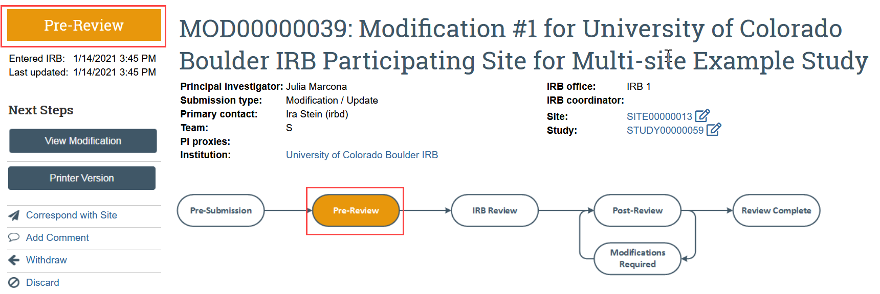 screenshot of a site modification in Pre-Review