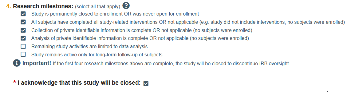 screenshot of a continuing review indicating study closure