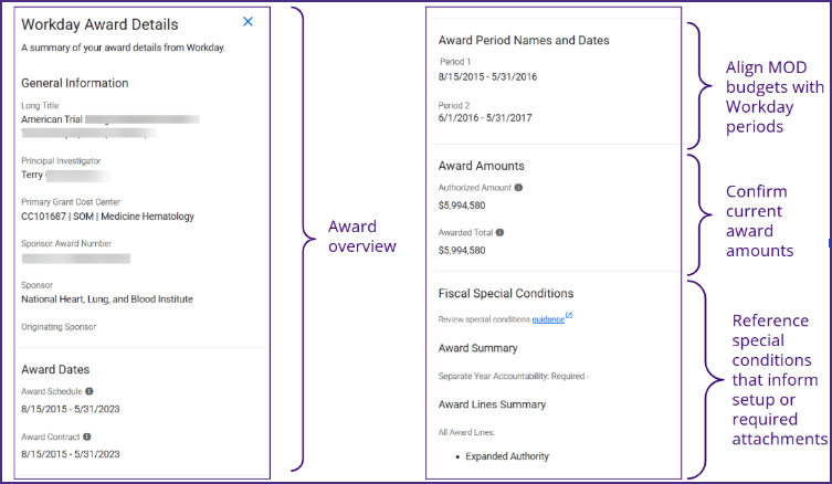 Screenshot of the Workday Award Details side panel, showing the General Information, Award Dates, Award Period Names and Dates, Award Amounts, and Fiscal Special Conditions sections.