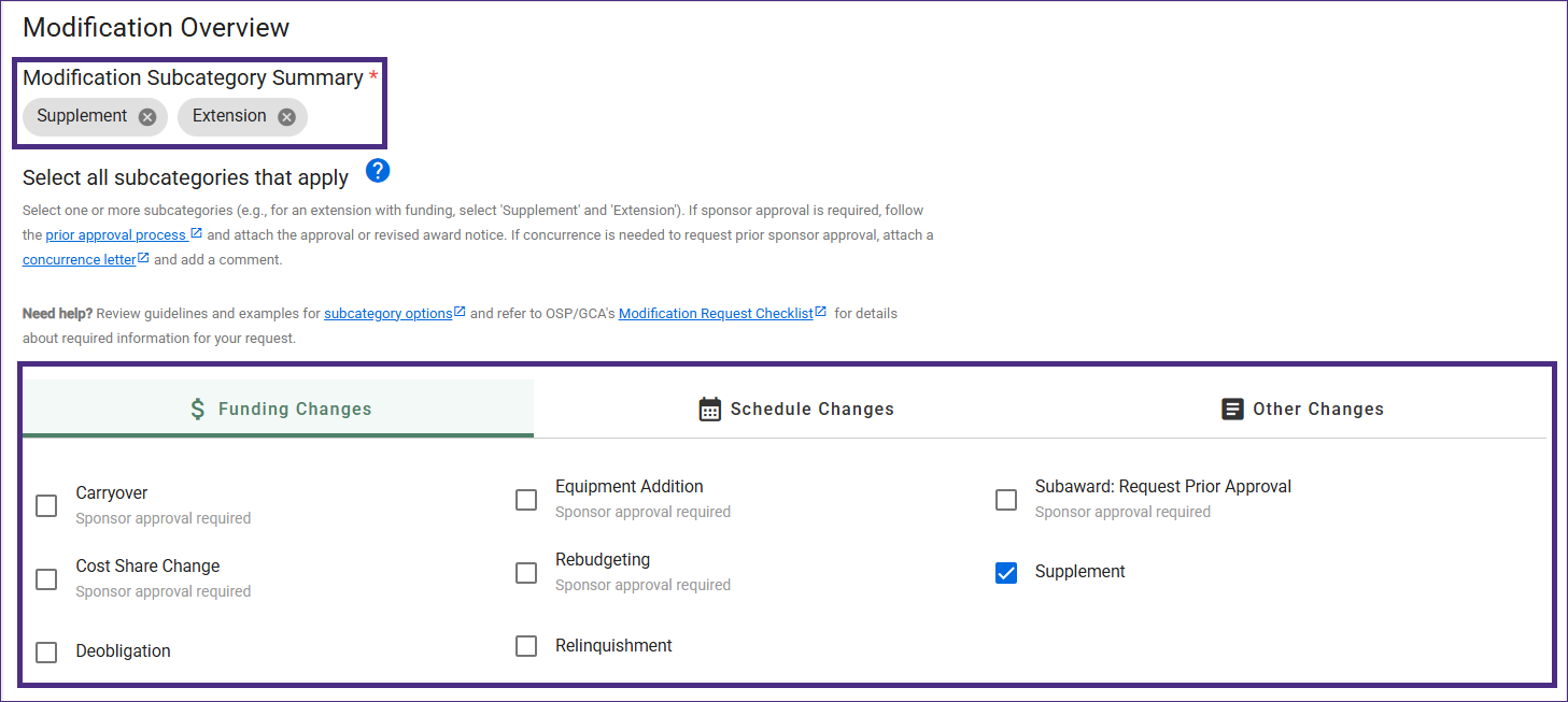 Screenshot showing an example Modification Overview section