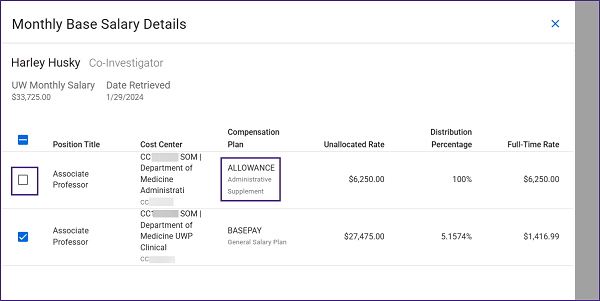 Screenshot showing the Monthly Base Salary Details window in SAGE. This shows a co-investigator with the Administrative Allowance portion of their salary unchecked by default.