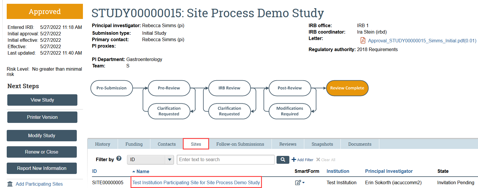 screenshot of an approved multi-site study showing the sites tab