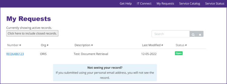 UW Connect My Requests landing page.