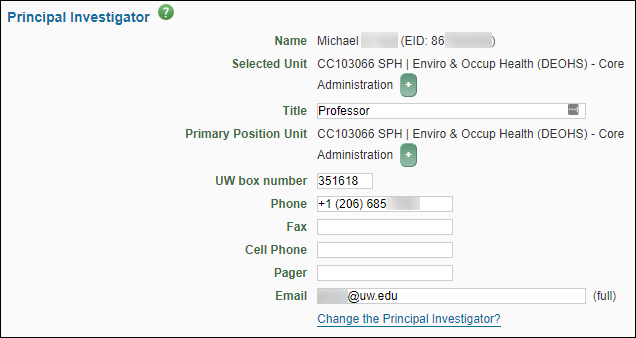 Principal Investigator section