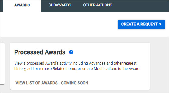 Processed Awards View List of Awards