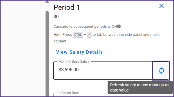 Screenshot from SAGE showing the refresh button highlighted next to the Monthly Base Salary window.