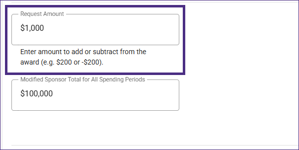 Screenshot showing Request Amount field with a value of $1000 and the Modified Sponsor Total with $100000