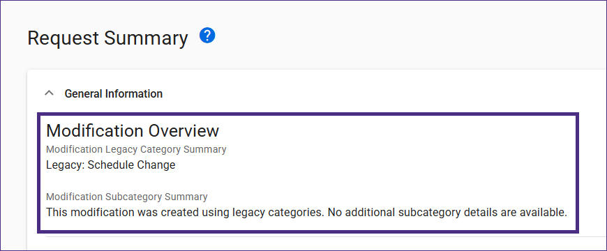 Screenshot showing an example Modification with a legacy category of "Schedule Change."