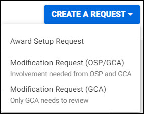 Modification Request Menu drop-down list