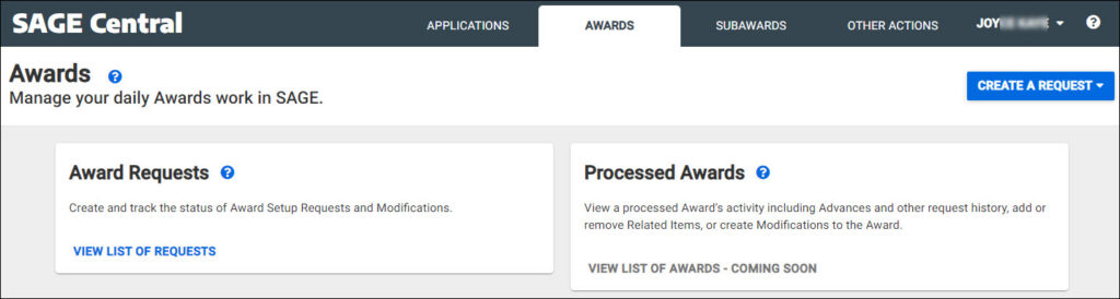 SAGE Central Awards Landing page upper portion