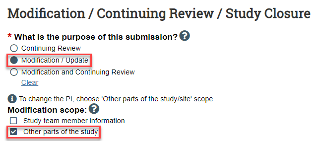 screenshot of the modification form with other parts of the study selected
