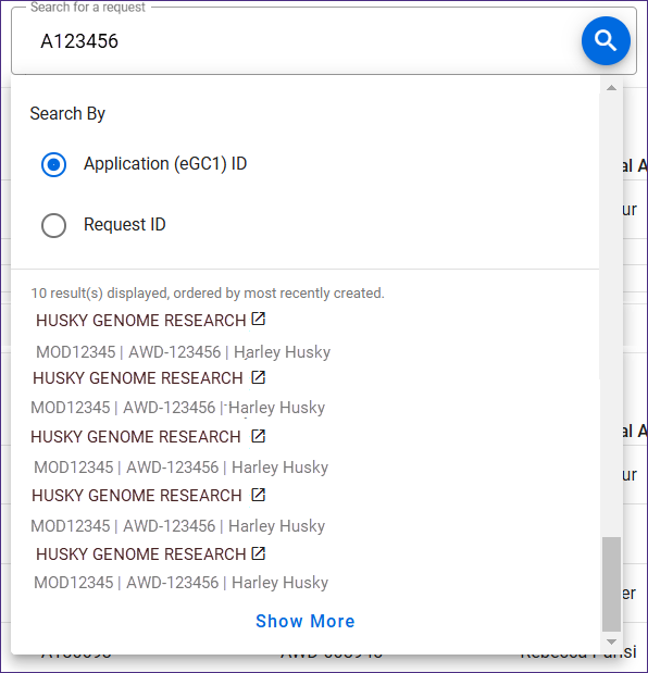 Screenshot showing the search results for an application. Scrolling to the bottom displays a "Show More" clickable link.