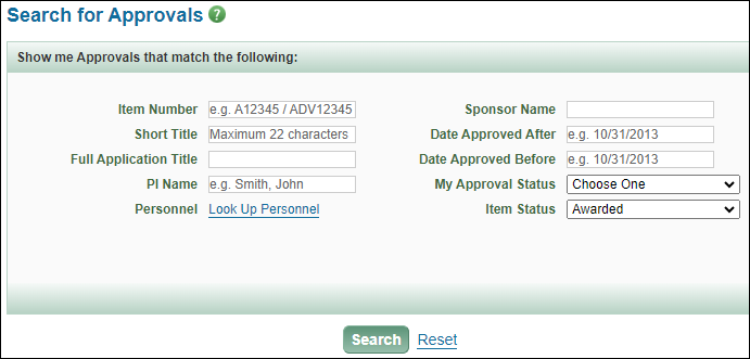 Search for Approvals form