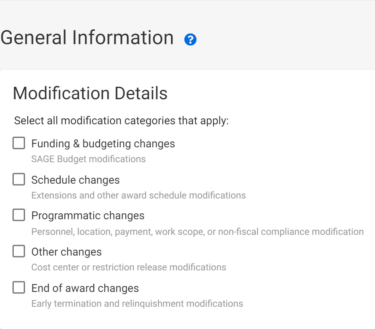 Select Modification categories that apply.