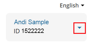 UCITI User profile name, ID number and red box circling dropdown arrow.
