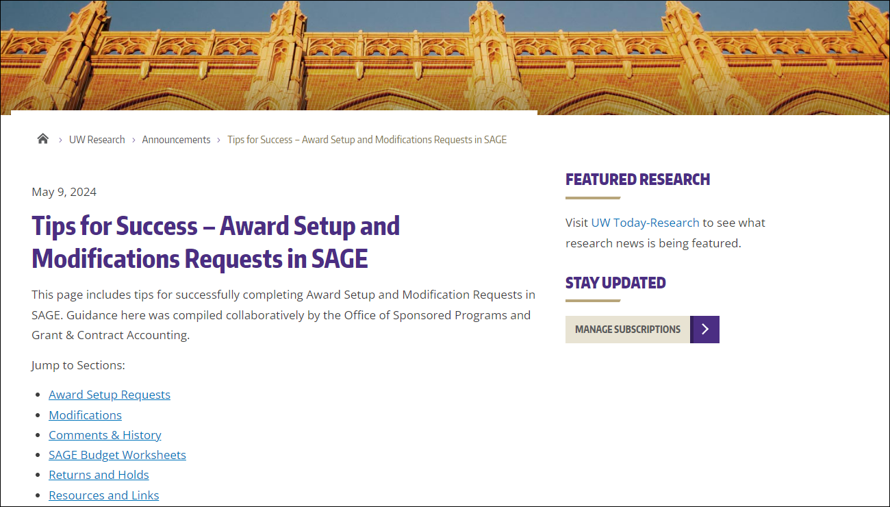 Screenshot of the Tips for Success: Award Setup & Modification Requests in SAGE page.