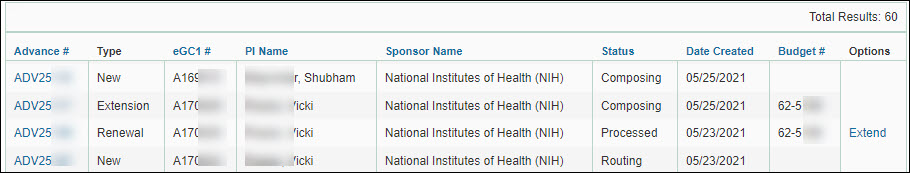 advance budget request advanced search results
