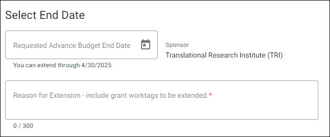 extension request select end date fields and enter reason with worktags