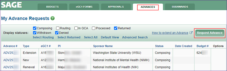 my advance requests page