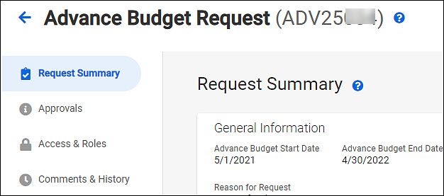 advance request summary left menu