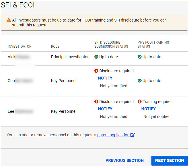 S F I and F C O I section with notify links