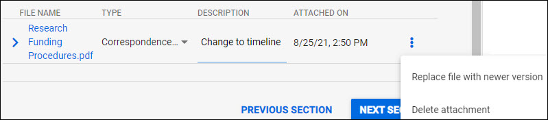 advance attachment table with expanded options menu
