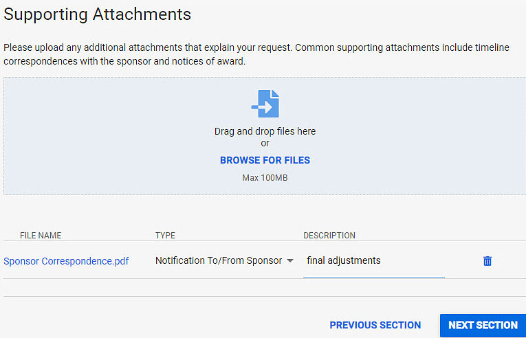 SAGE Awards supporting attachments section