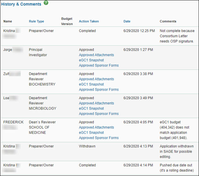 example history and comments section
