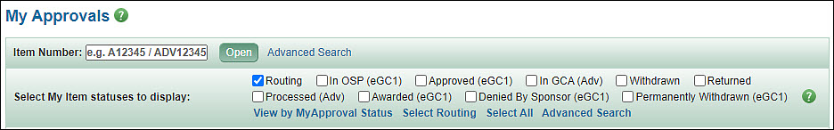 my approvals page item statuses