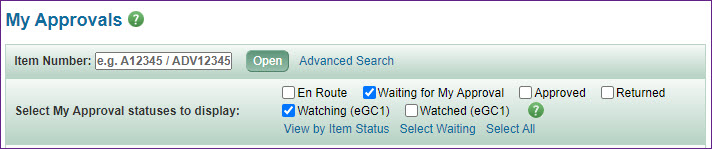 my approvals page approval statuses