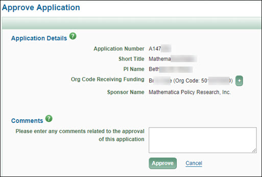 approve application dialog with details and comments