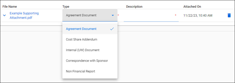 Awards supporting attachments with one file and Type drop-down list